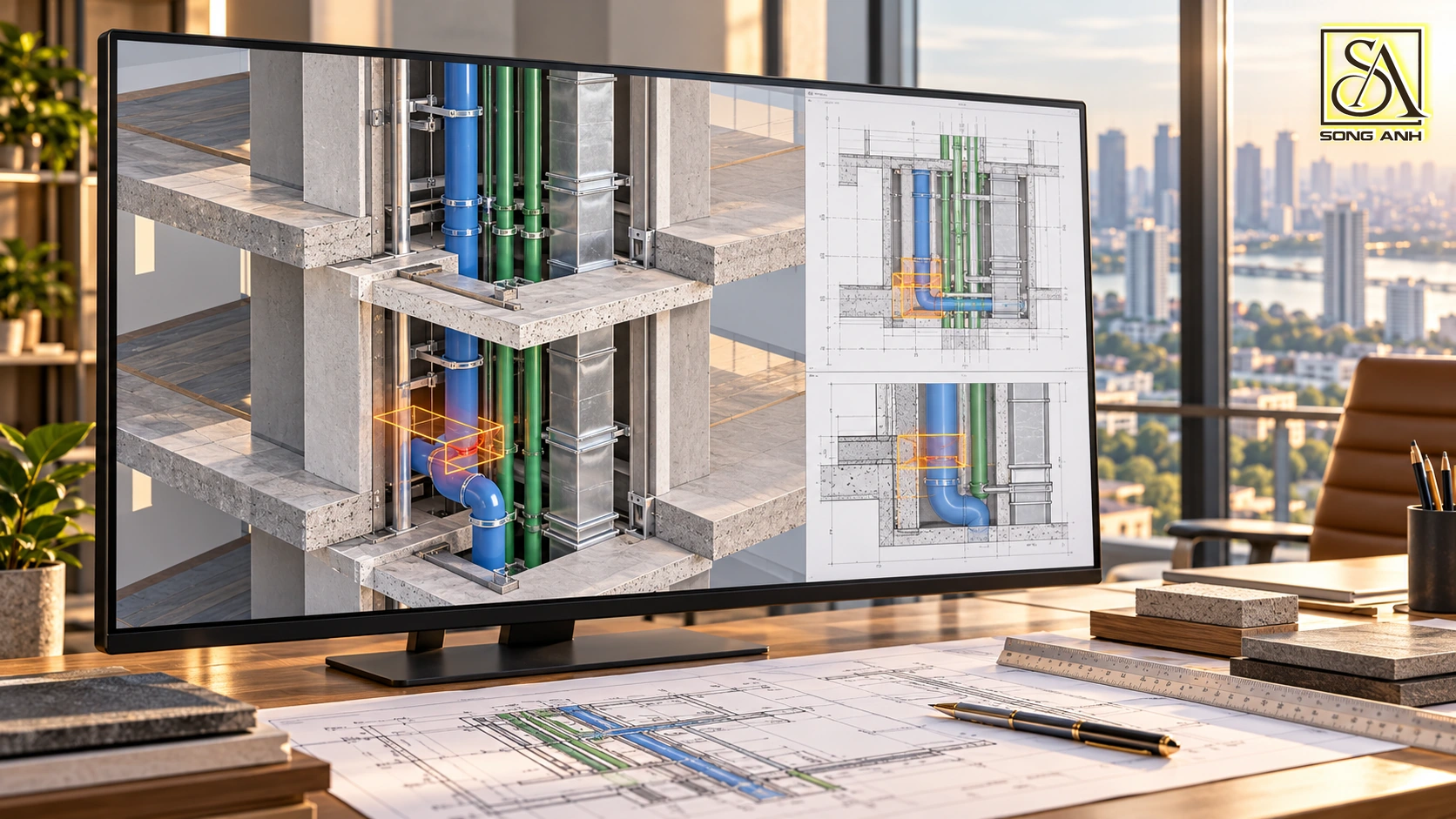 Mô hình phối hợp BIM kiểm tra hộp gen, lỗ mở sàn và tuyến ống MEP trong nhà cao tầng.